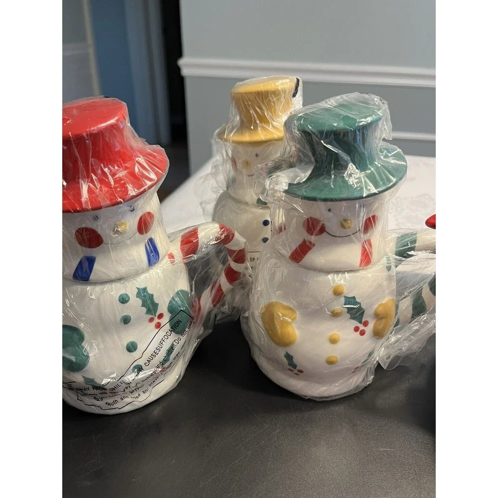 Temptations 5-Piece Snowman Entertaining Tea Set NIB. 48oz Teapot & 4 12oz Mugs